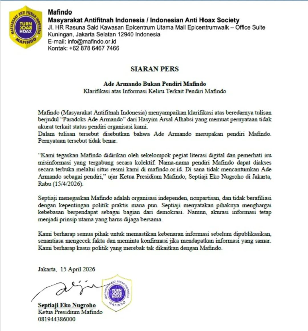 Bantah Narasi Publik yang Beredar, Mafindo Tegaskan Ade Armando Bukan Pendiri