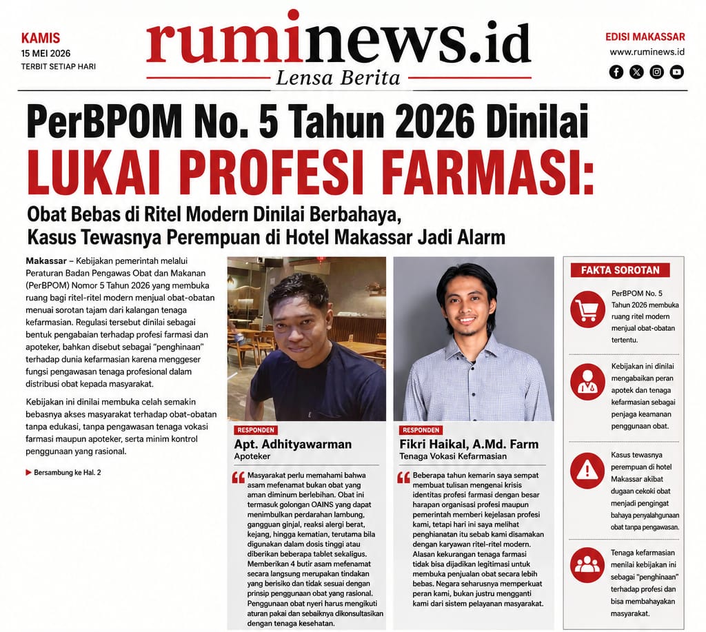 PerBPOM No. 5 Tahun 2026 Dinilai Lukai Profesi Farmasi: Obat Bebas di Ritel Modern Dinilai Berbahaya, Kasus Tewasnya Perempuan di Hotel Makassar Jadi Alarm