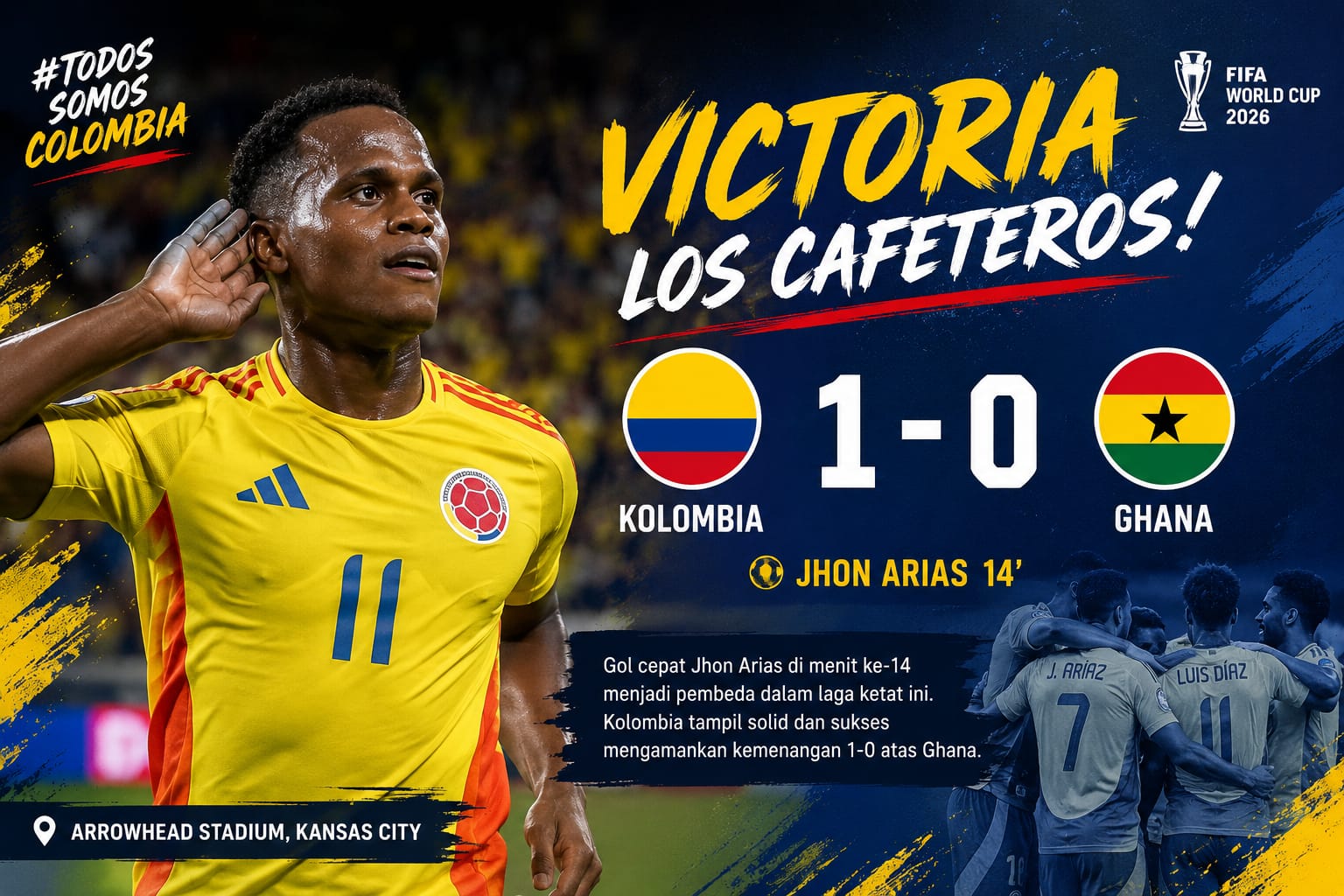Kolombia Singkirkan Ghana, Gol Cepat Jhon Arias Antar Los Cafeteros ke 16 Besar