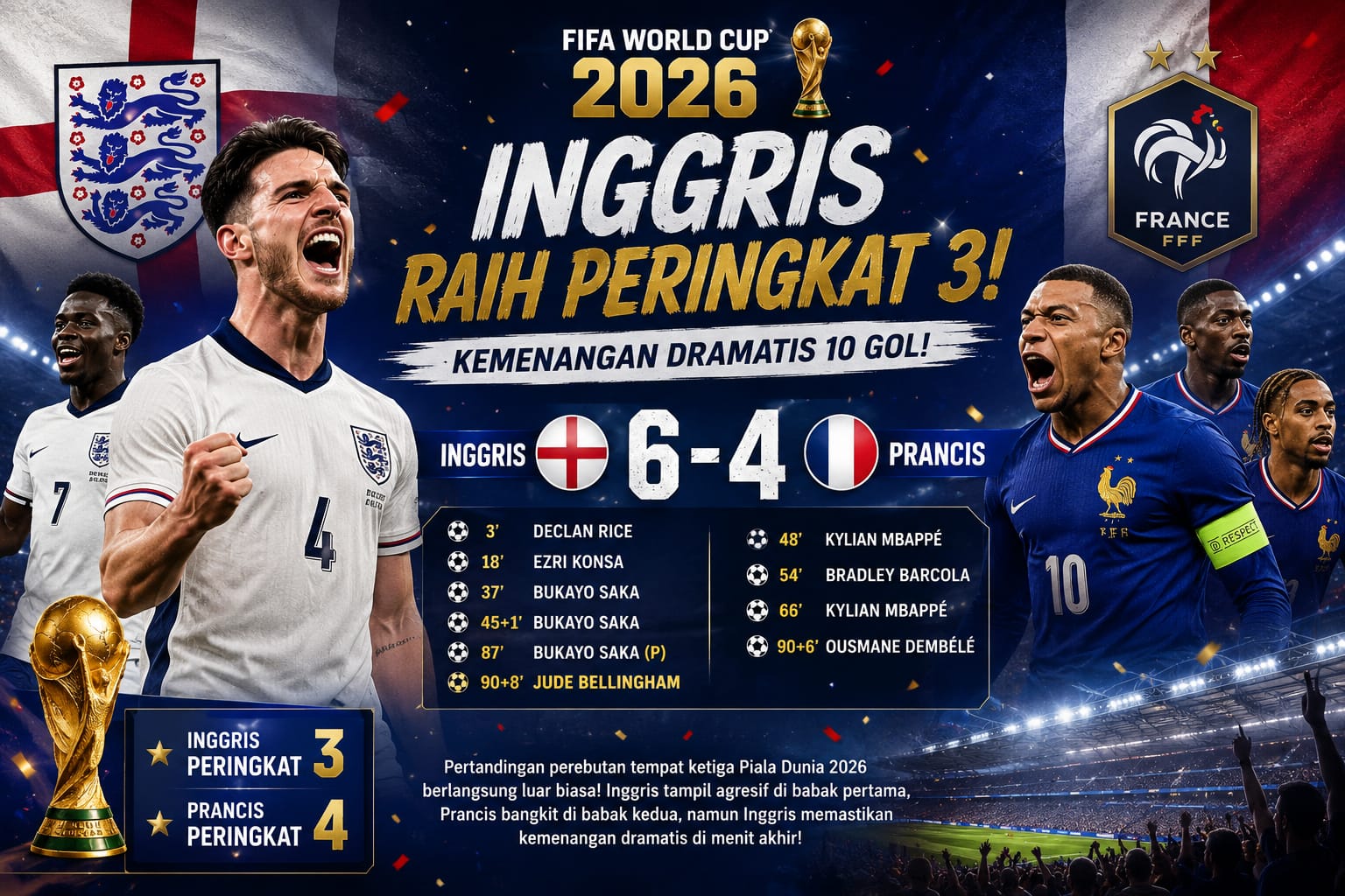 Inggris Raih Peringkat Ketiga Piala Dunia 2026 Usai Kalahkan Prancis 6-4 dalam Duel 10 Gol