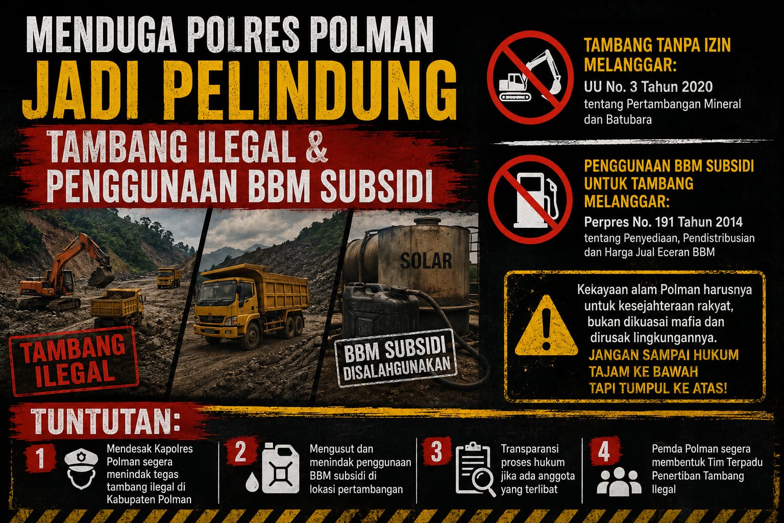 HMI Cab.Polewali Mandar Menduga Polres Polman Jadi Pelindunh Tambang Ilegal dan Penggunaan BBM Subsidi
