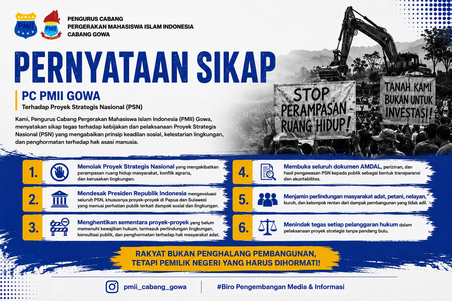 PMII Gowa: Stop Perampasan Ruang Hidup! Tolak Proyek Strategis Nasional yang Mengorbankan Rakyat